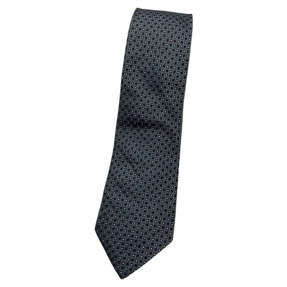 HUGO BOSS Men's 100% Silk Necktie LUXURY Tie Black Gray Geometric W:3.5" EUC
